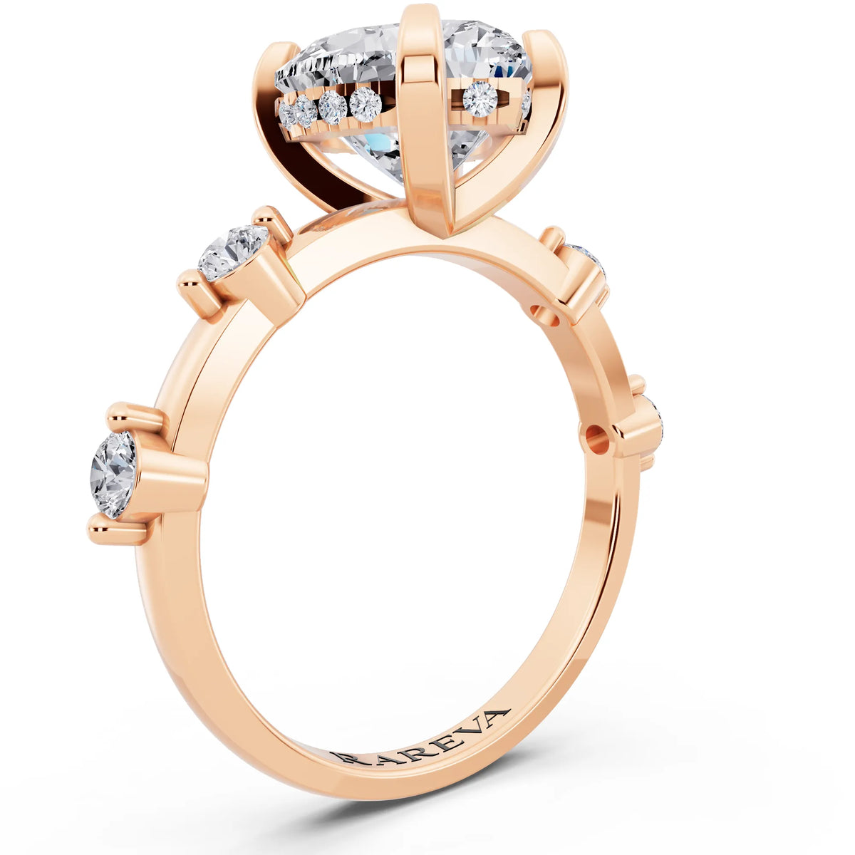 14 KT Rose Gold Heart Cut Diamond Solitaire Ring with Floating Diamond Accents - top view