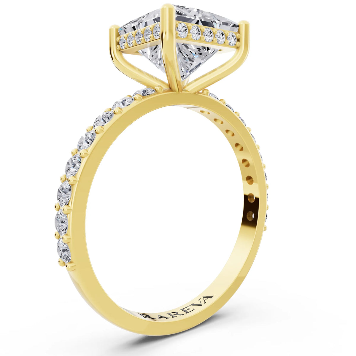 18 KT Yellow Gold Princess Cut Diamond Solitaire Ring with Hidden Halo and Pave Band - top view