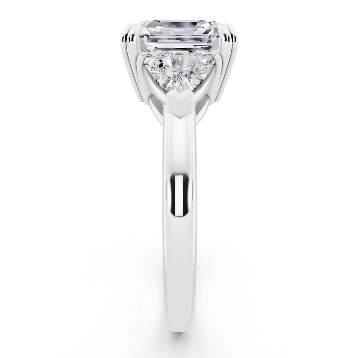 14 KT White Gold Asscher Cut Diamond Three Stone Ring with Trillion Accents - side view