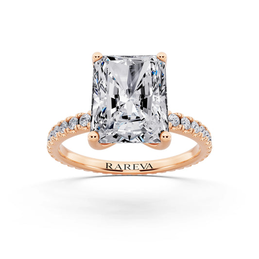 14 KT Rose Gold Radiant Cut Diamond Solitaire Ring with Pave Eternity Band - front view