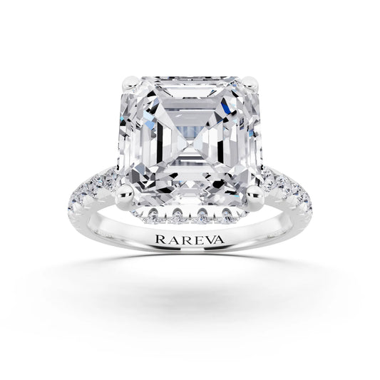 14 KT White Gold Asscher Cut Diamond Ring with Hidden Halo - front view