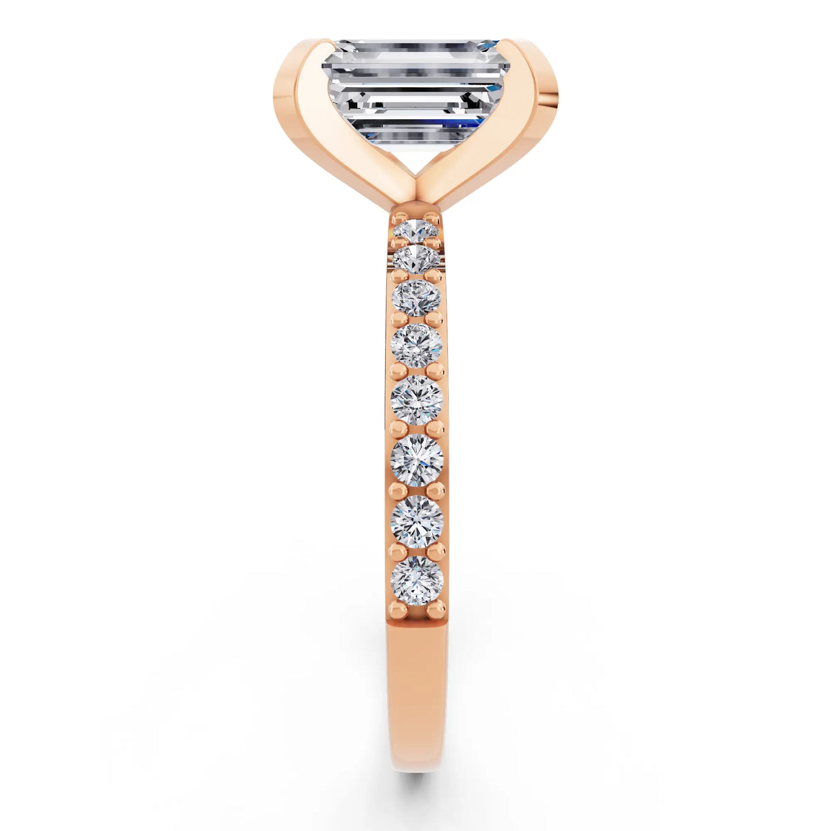 18 KT Rose Gold Emerald Cut Diamond Solitaire Ring with Pave Shank - side view