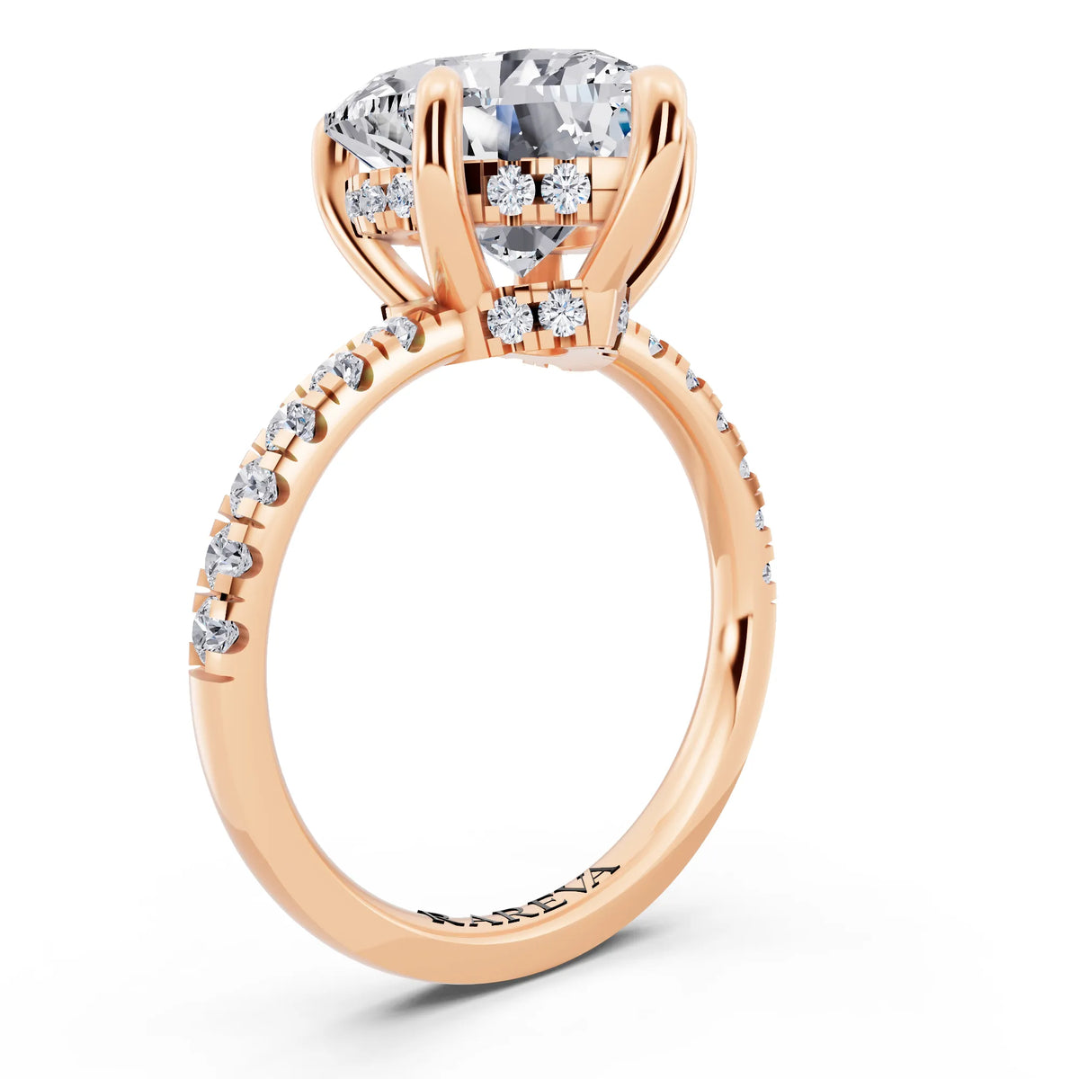 18 KT Rose Gold Heart Cut Diamond Hidden Halo Tiger Prong Pave Band Ring - top view