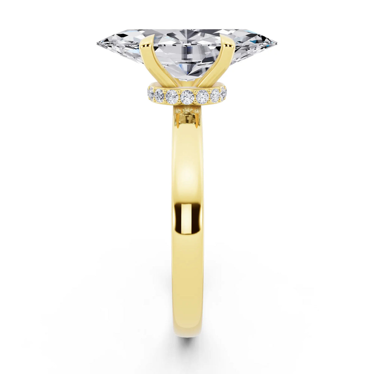 14 KT Yellow Gold Marquise Cut Diamond Solitaire Ring with Pave Collar - side view