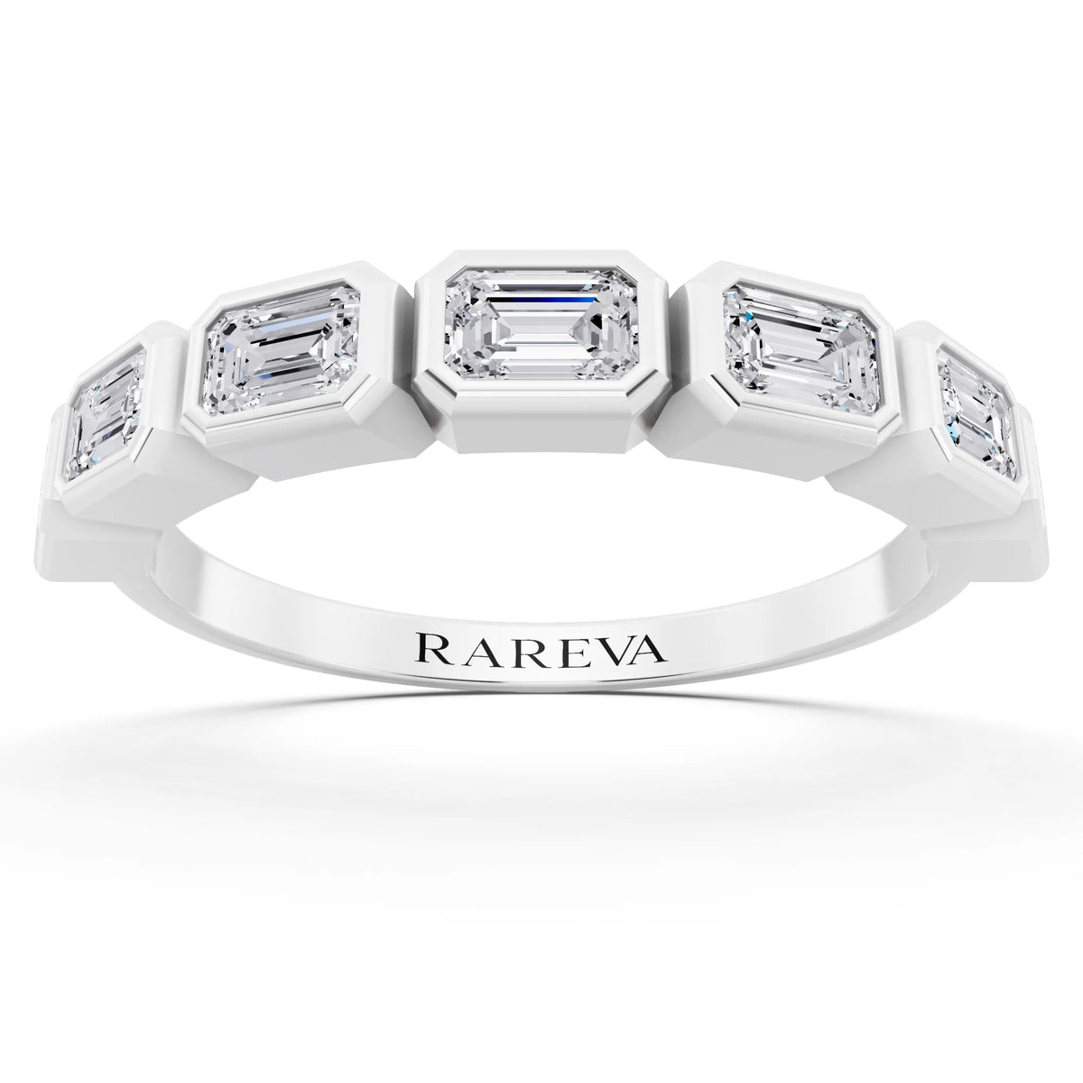 Silver Seven Stone Emerald Cut Bezel Set Diamond Half Eternity Wedding Band - 2mm - Front