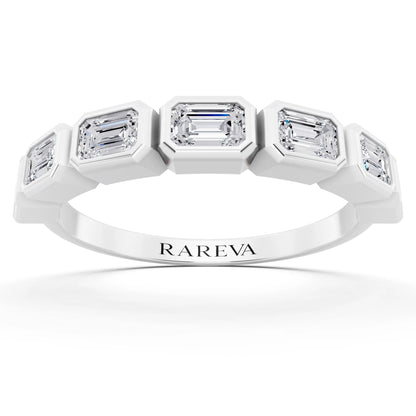 Silver Seven Stone Emerald Cut Bezel Set Diamond Half Eternity Wedding Band - 2mm - Front