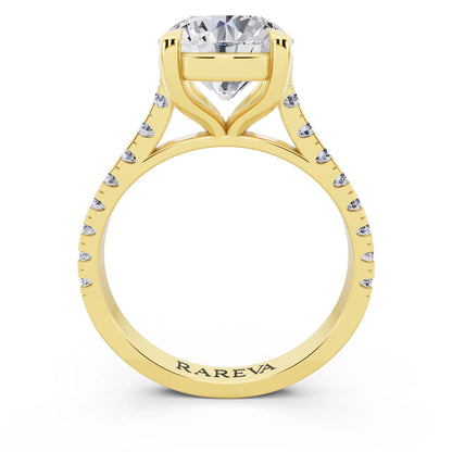 18 KT Yellow Gold Round Cut Diamond Solitaire Ring with Pave Band - Through