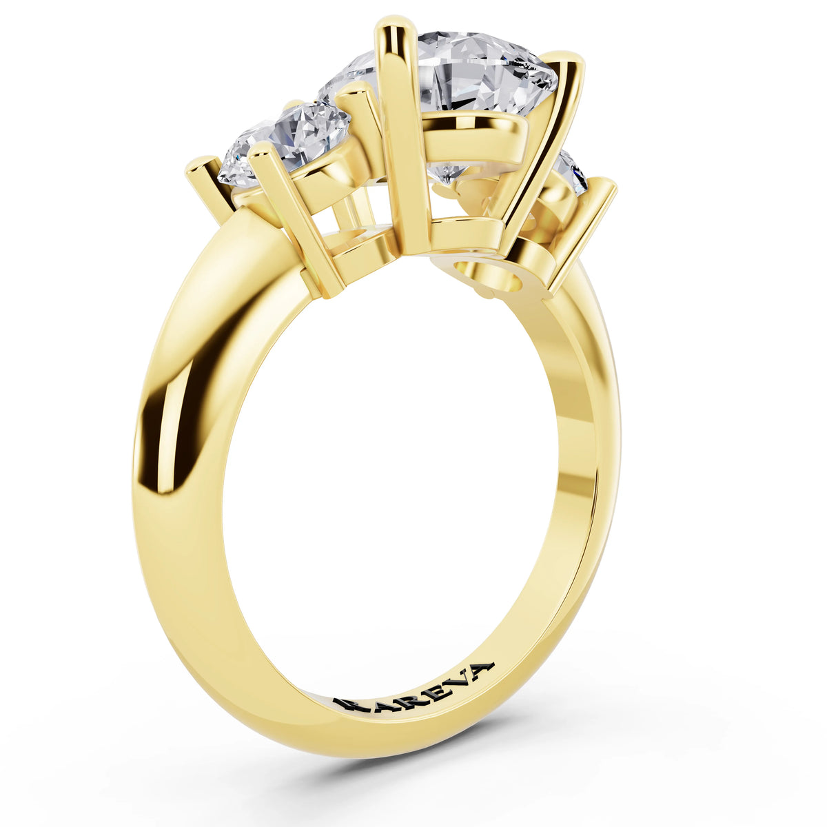 18 KT Yellow Gold Pear Cut Diamond Three Stone Ring with Round Accents - top view