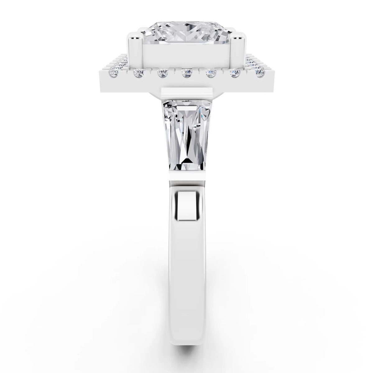 Platinum Princess Cut Diamond Halo Ring with Baguette Accents - side view