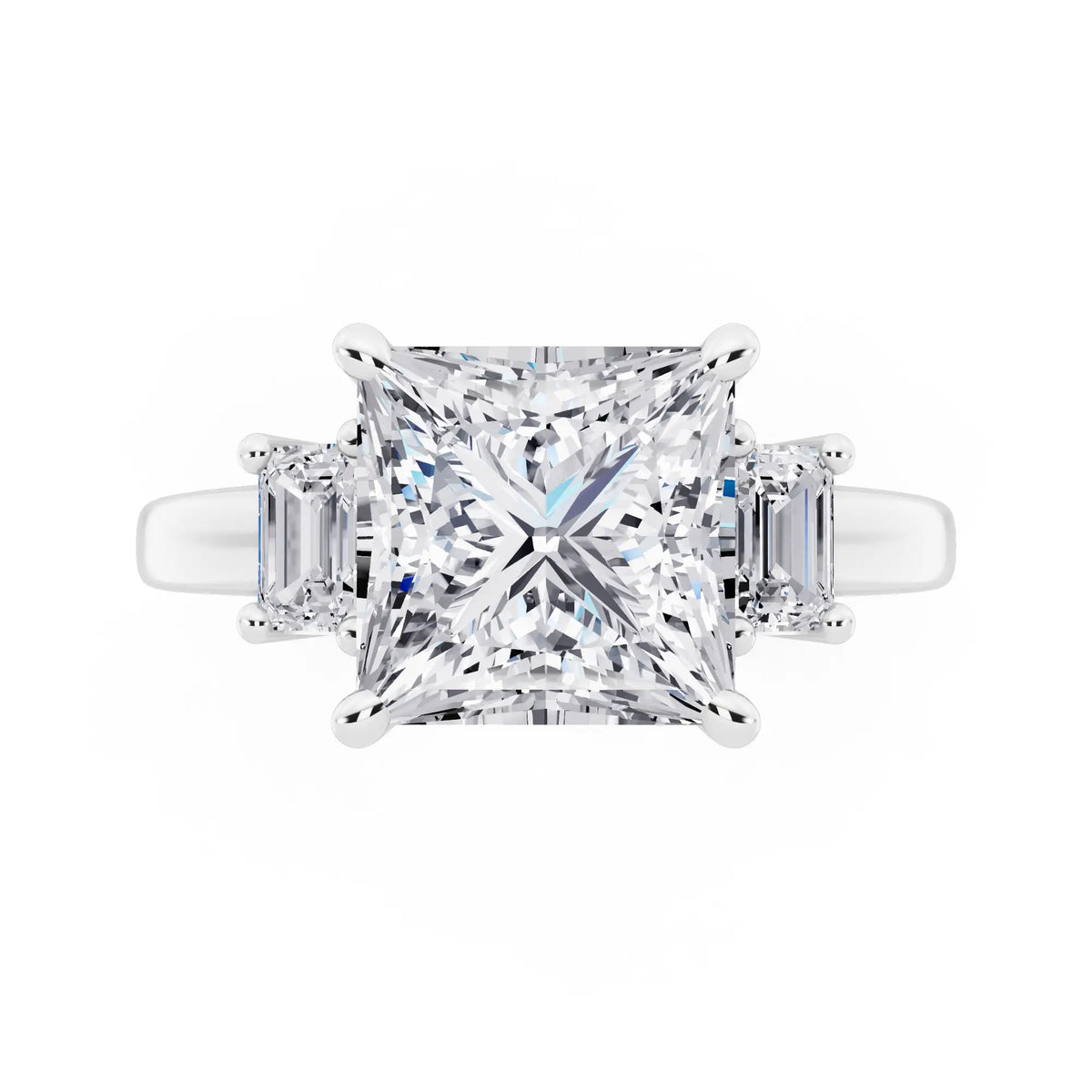 14 KT White Gold Princess Cut Diamond Three Stone Emerald Accent Ring - top angle