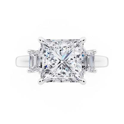 14 KT White Gold Princess Cut Diamond Three Stone Emerald Accent Ring - top angle