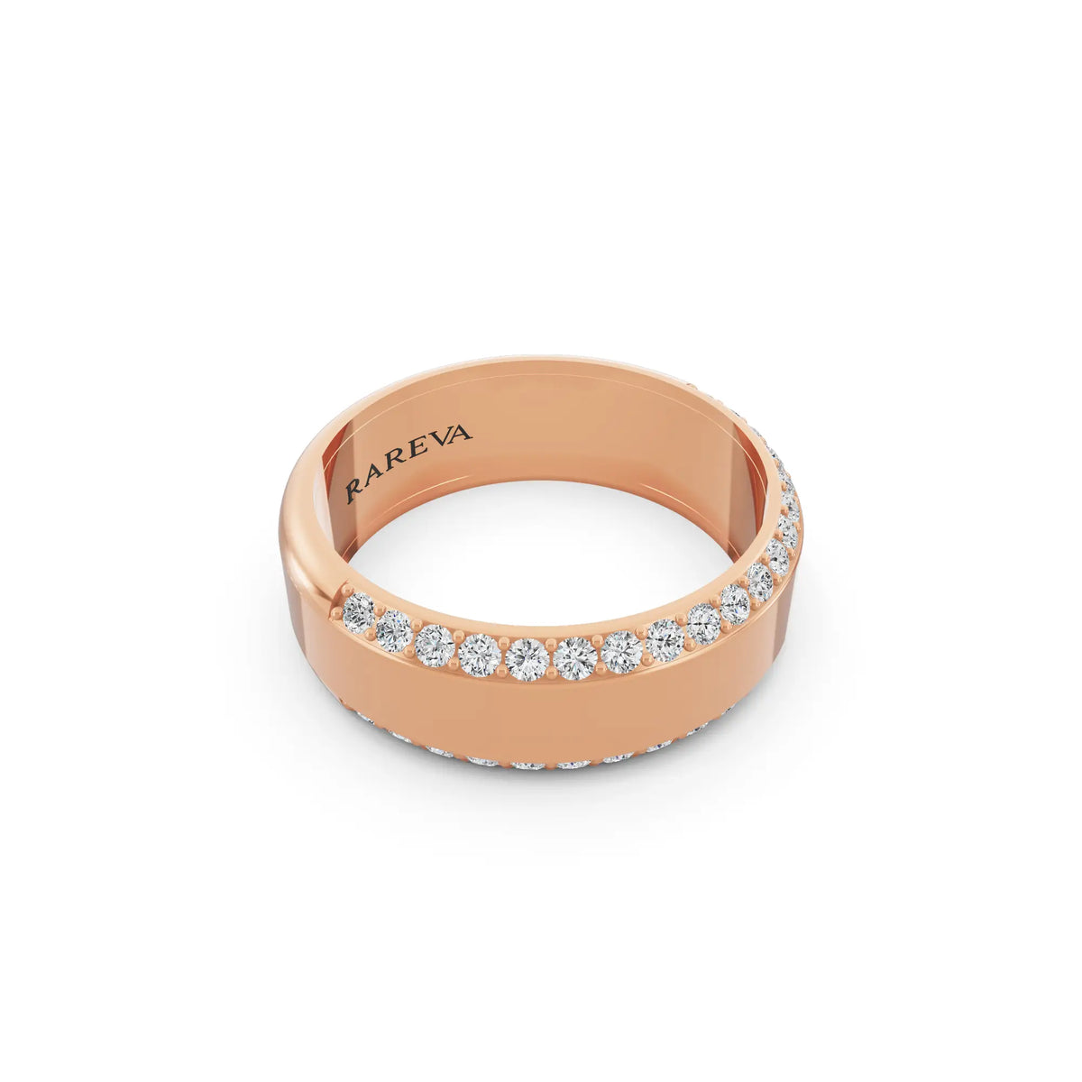 14K Rose Gold Men's Round Cut Diamond Pave Bevel Edge Band - 6.5mm - Left