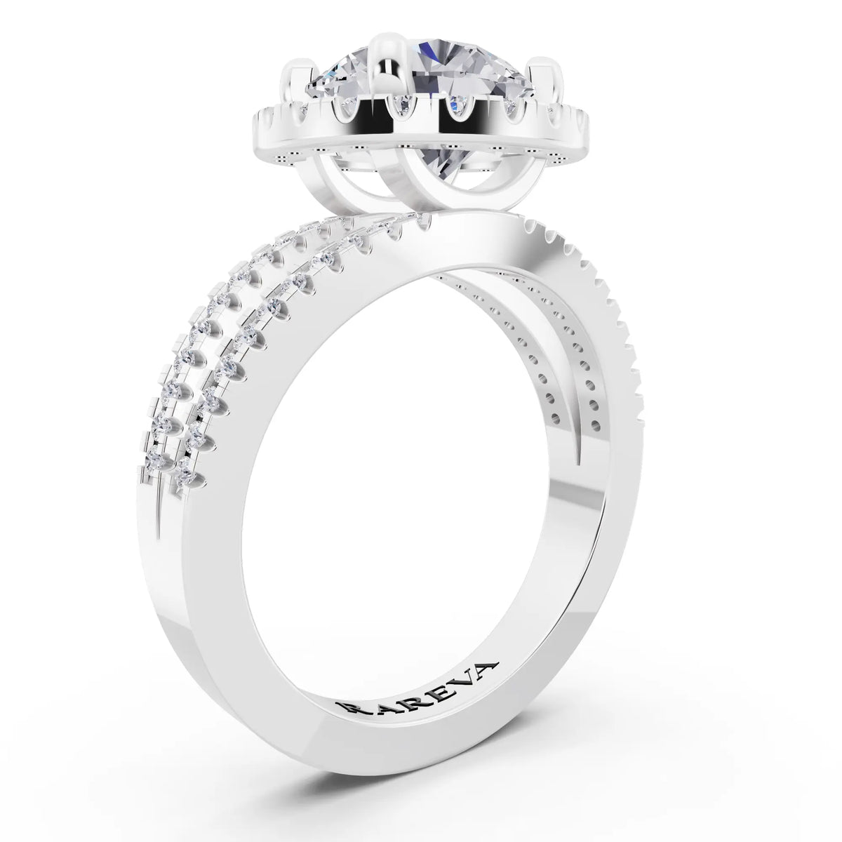 14 KT White Gold Round Cut Diamond Halo Ring with Pave Split Shank - top view