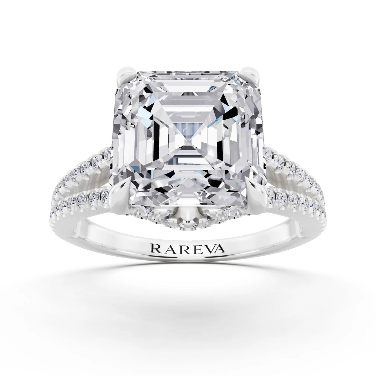 14 KT White Gold Asscher Cut Diamond Ring with Pavé Split Shank - front view