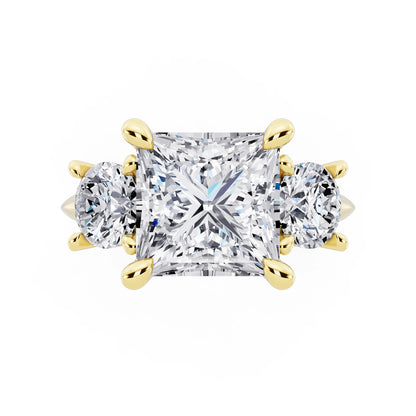 14 KT Yellow Gold Princess Cut Diamond Three Stone Ring with Round Accents - top angle