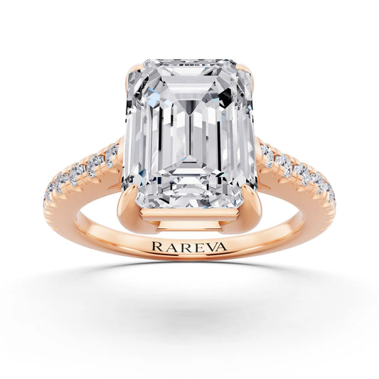 18 KT Rose Gold Emerald Cut Diamond Claw Prong Solitaire Ring with French Pave Band - front view