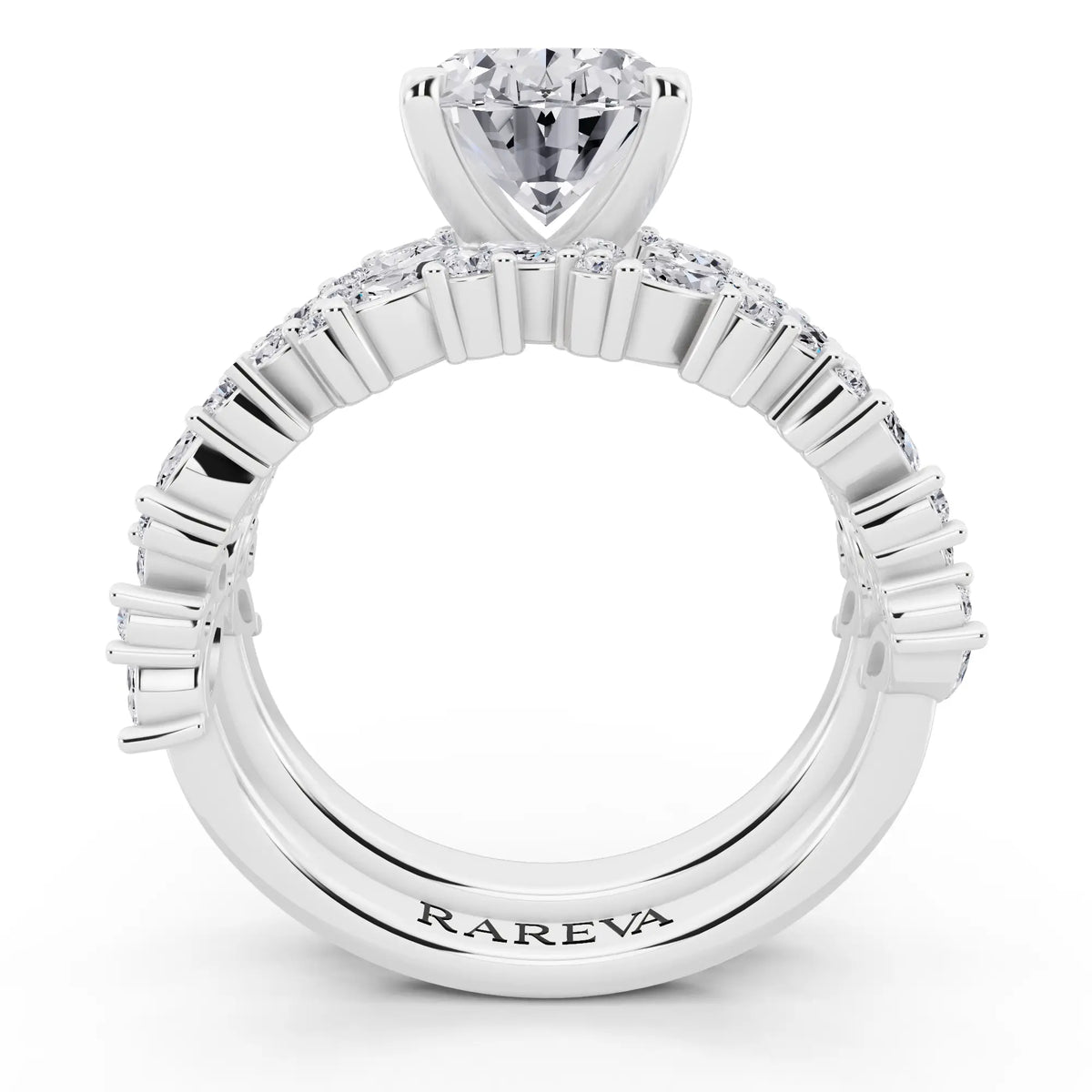 18 KT White Gold Oval Cut Diamond Ring with Marquise Cluster Band - through finger