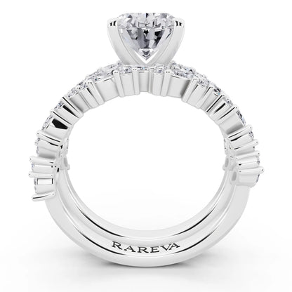18 KT White Gold Oval Cut Diamond Ring with Marquise Cluster Band - through finger