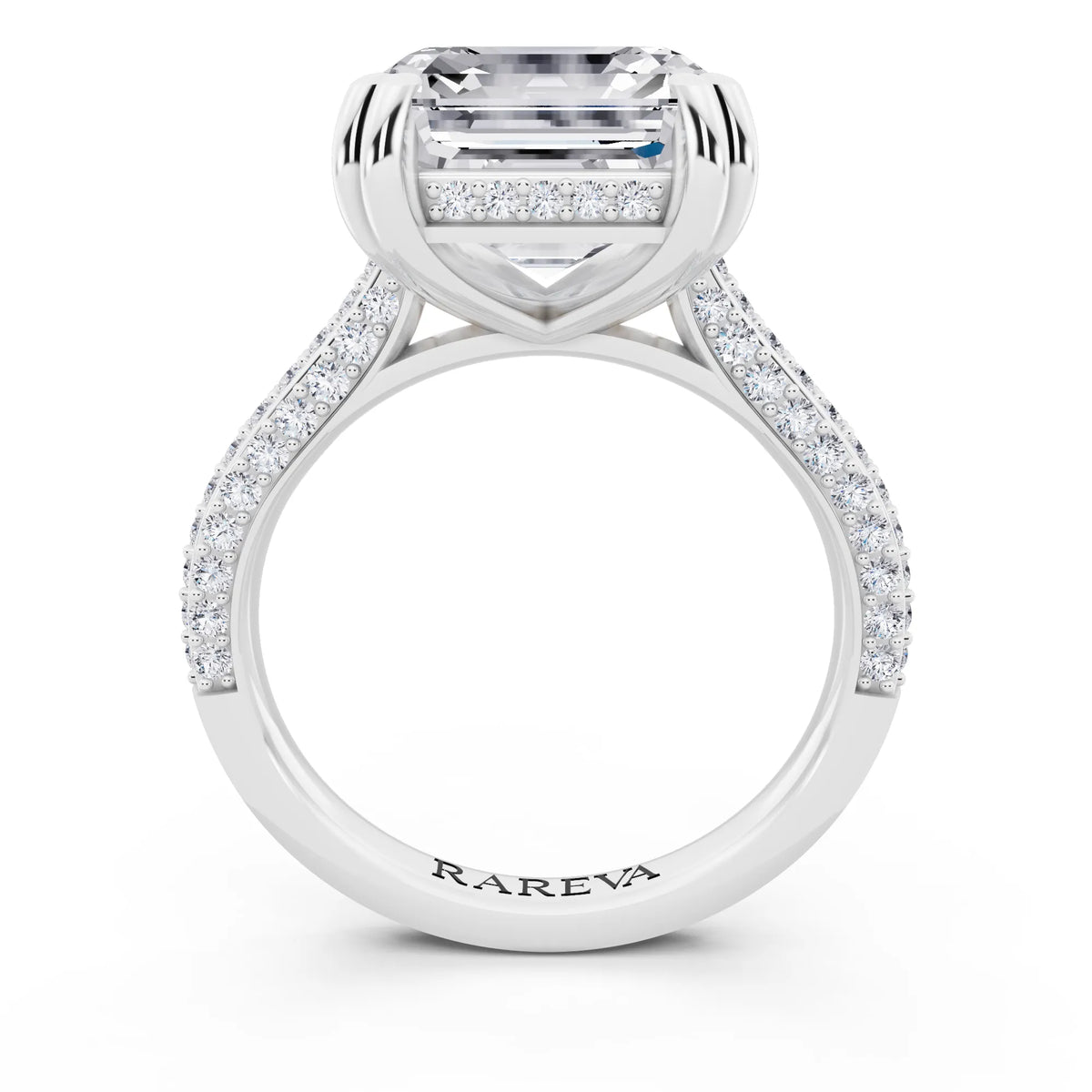 14 KT White Gold Asscher Cut Diamond Hidden Halo Double Claw Pave Band Ring - through finger