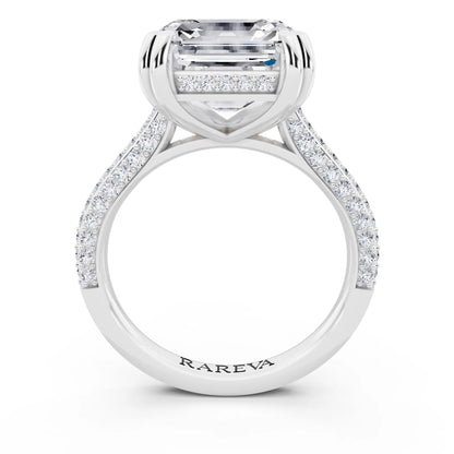 14 KT White Gold Asscher Cut Diamond Hidden Halo Double Claw Pave Band Ring - through finger
