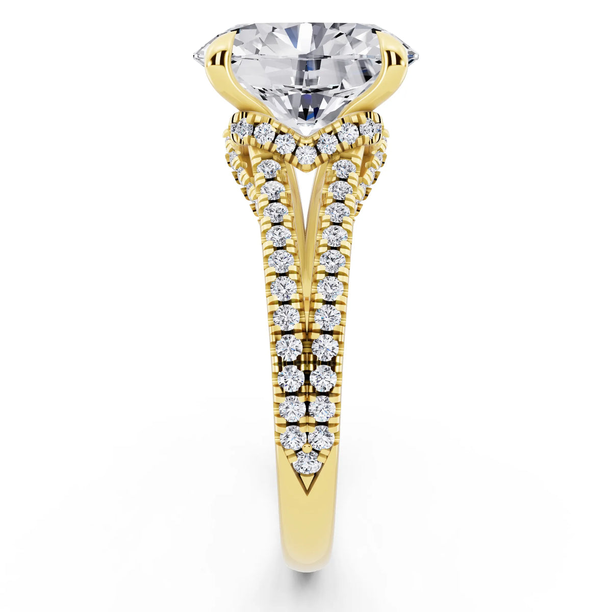 14 KT Yellow Gold Oval Cut Diamond Ring with Pavé Split Shank - side view