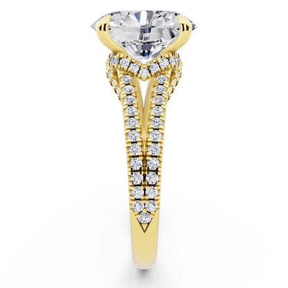 14 KT Yellow Gold Oval Cut Diamond Ring with Pavé Split Shank - side view