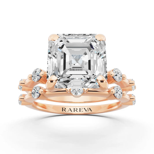18 KT Rose Gold Asscher Cut Diamond Ring with Floating Accent Band - front view