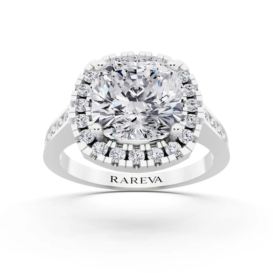 18 KT White Gold Cushion Cut Diamond Halo Ring with Bezel Accent Band - front view