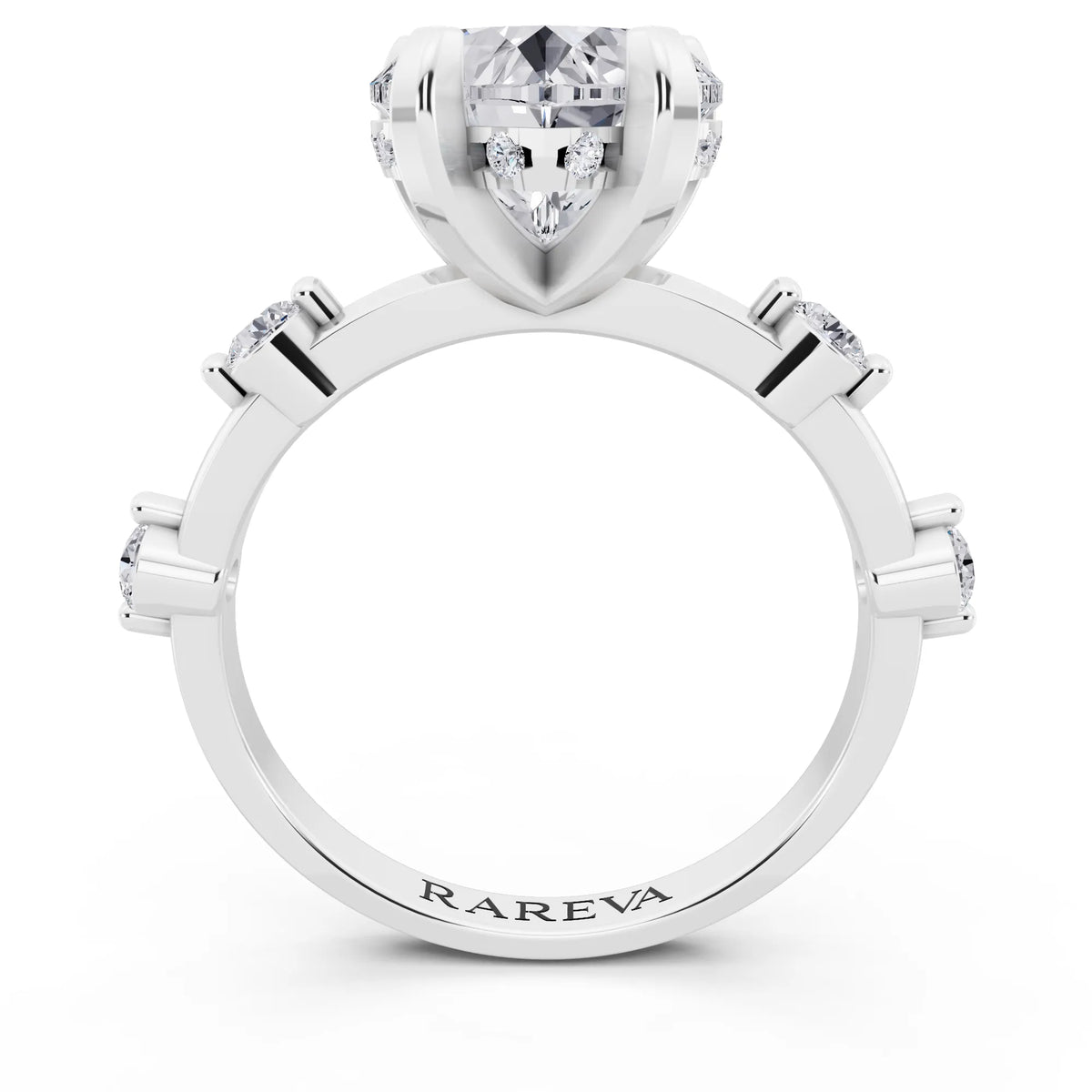 18 KT White Gold Heart Cut Diamond Solitaire Ring with Floating Diamond Accents - through finger