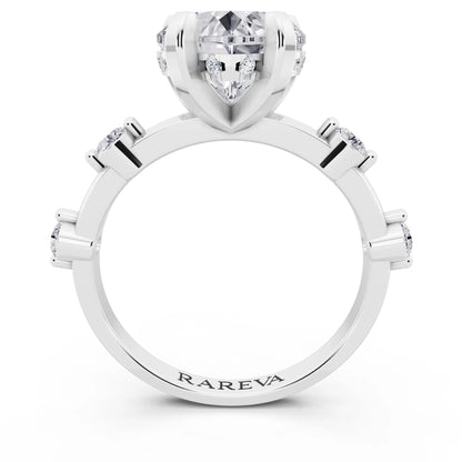 18 KT White Gold Heart Cut Diamond Solitaire Ring with Floating Diamond Accents - through finger