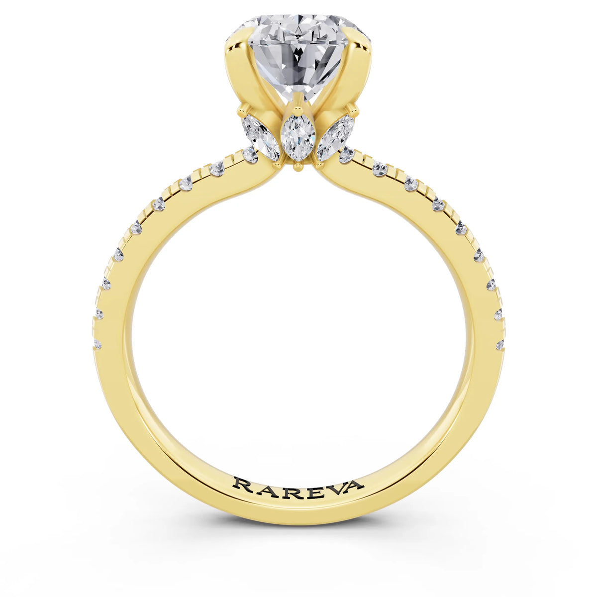 14 KT Yellow Gold Oval Cut Diamond Solitaire Ring with Marquise Collar - through finger