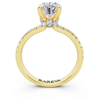 14 KT Yellow Gold Oval Cut Diamond Solitaire Ring with Marquise Collar - through finger