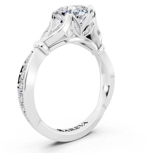 18 KT White Gold Heart Cut Diamond Ring with Lotus Collar - top view