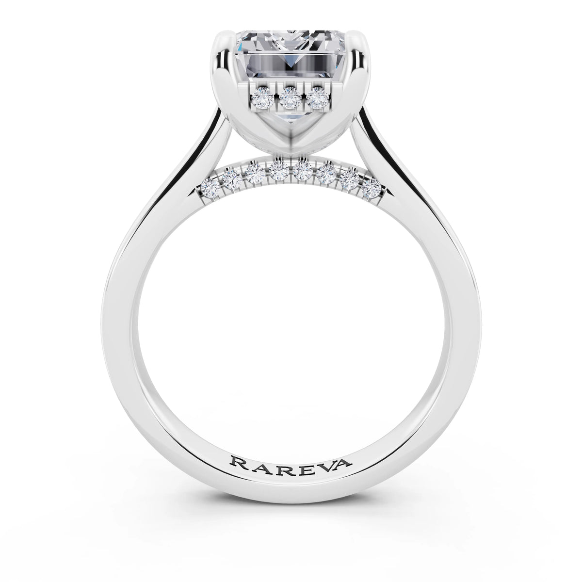 14 KT White Gold Emerald Cut Diamond Solitaire Ring with Cathedral Band - through finger