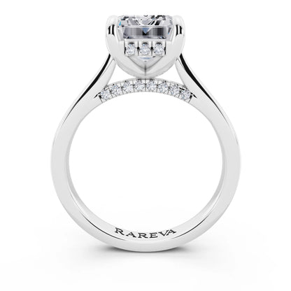 14 KT White Gold Emerald Cut Diamond Solitaire Ring with Cathedral Band - through finger