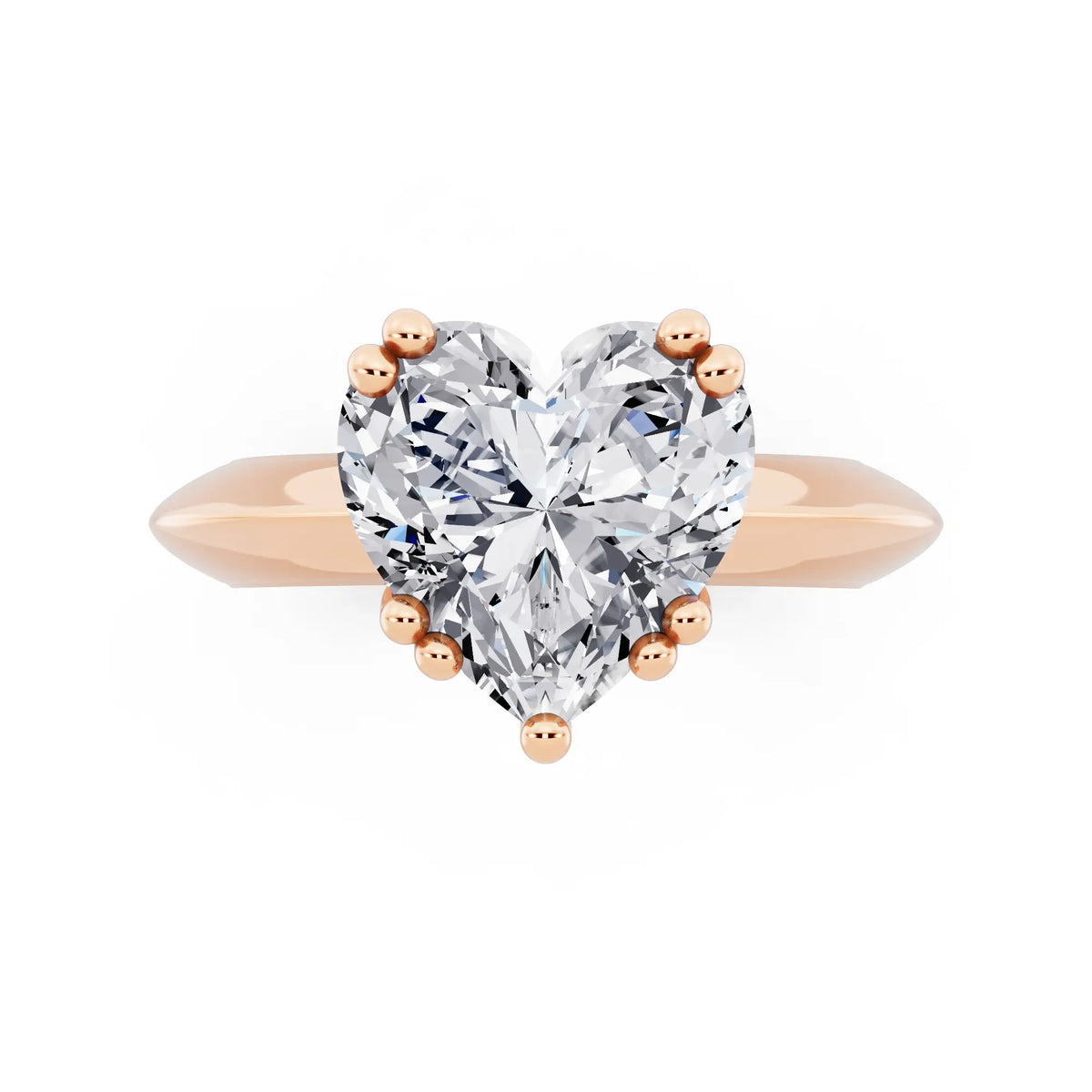 14 KT Rose Gold Heart Cut Diamond Solitaire Ring with Knife Edge Band - top angle