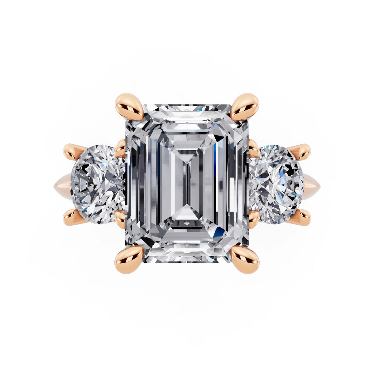 14 KT Rose Gold Emerald Cut Diamond Three Stone Ring with Round Accents - top angle
