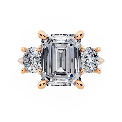 14 KT Rose Gold Emerald Cut Diamond Three Stone Ring with Round Accents - top angle