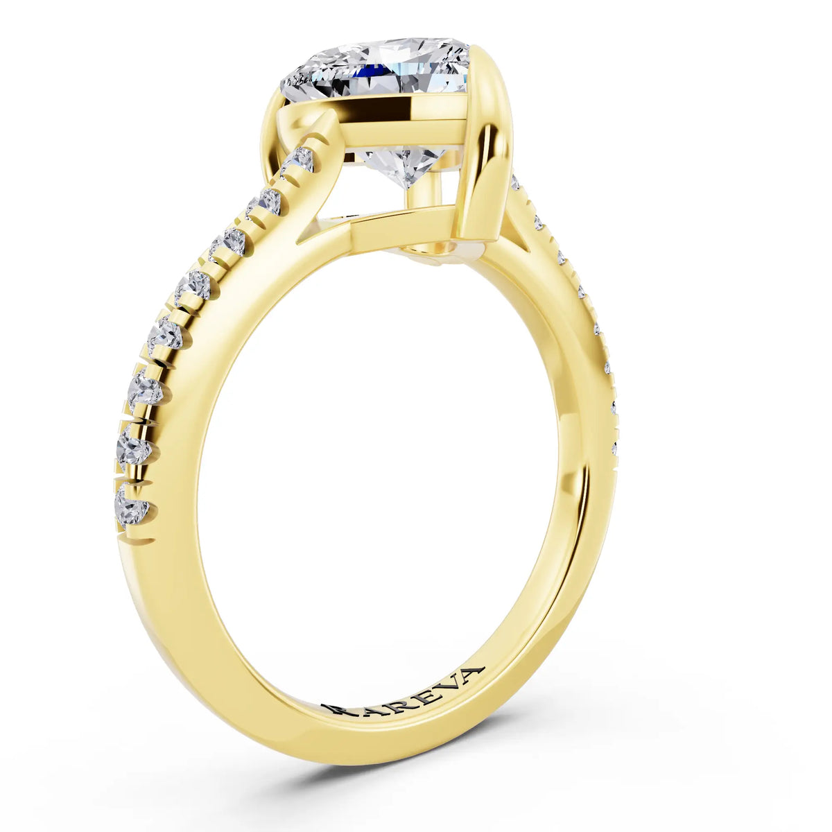 14 KT Yellow Gold Heart Cut Diamond Claw Prong Solitaire Ring with French Pave Band - top view