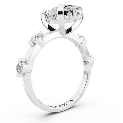 18 KT White Gold Marquise Cut Diamond Solitaire Ring with Floating Diamond Accents - top view