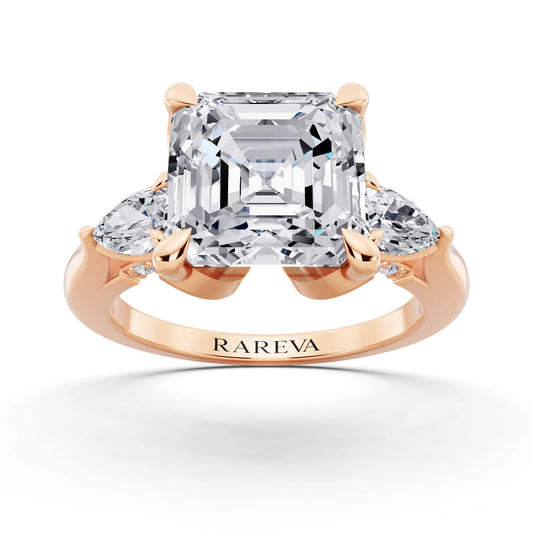 18 KT Rose Gold Asscher Cut Diamond Cluster Engagement Ring with Pear Accents and Pavé Band - front view