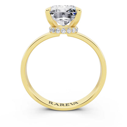 18 KT Yellow Gold Radiant Cut Diamond Solitaire Ring with Pave Collar - through finger