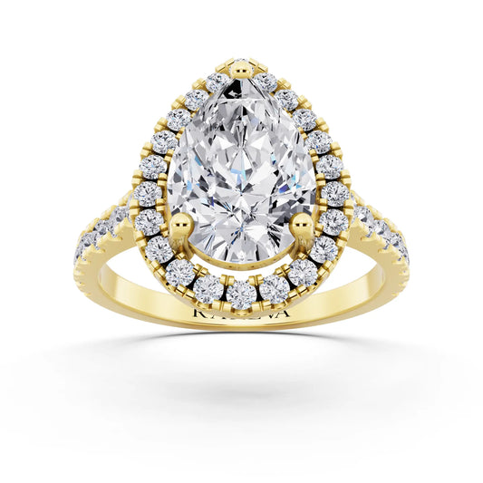 18 KT Yellow Gold Pear Cut Diamond Halo Ring with Pave Band - Front