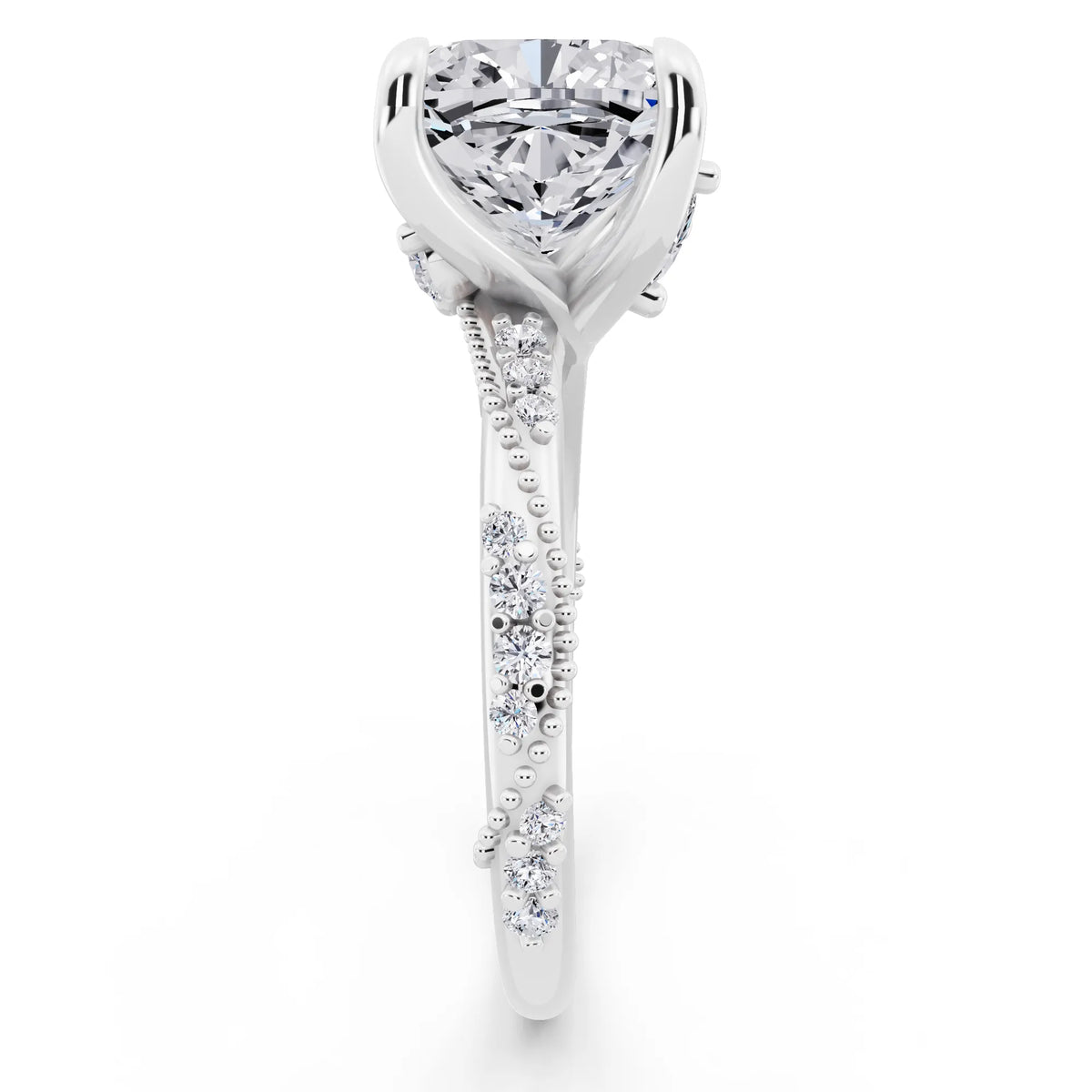 18 KT White Gold Cushion Cut Diamond Ring with Marquise Accent - side view