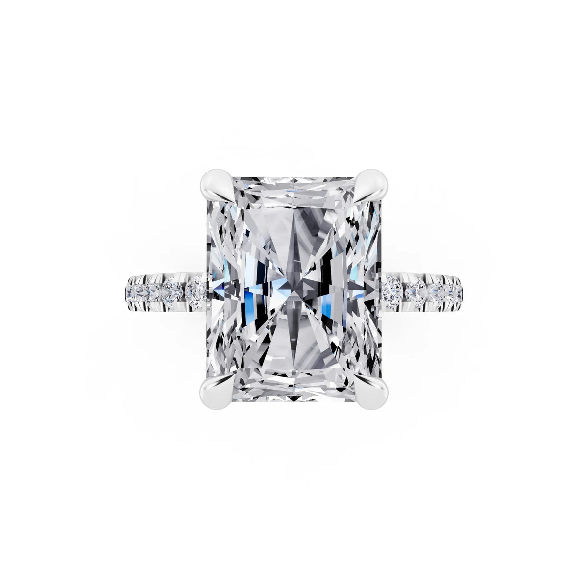 18 KT White Gold Radiant Cut Diamond Solitaire Ring with Round Pavé Band and Prong Setting - top angle