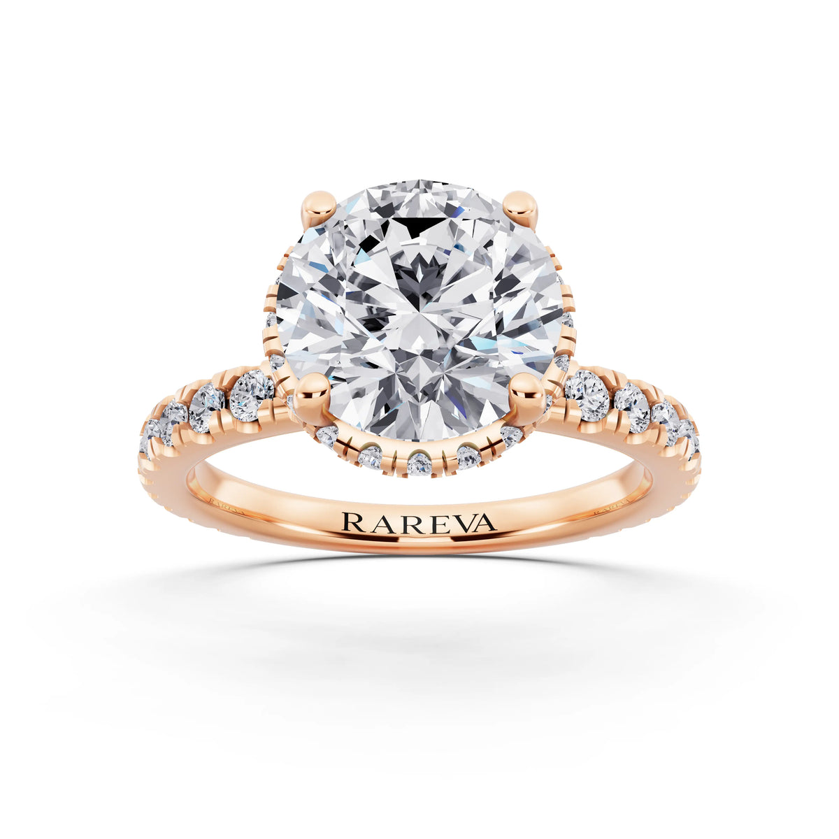 14 KT Rose Gold Round Cut Diamond Hidden Halo Ring with Pave Band - front view