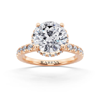 14 KT Rose Gold Round Cut Diamond Hidden Halo Ring with Pave Band - front view