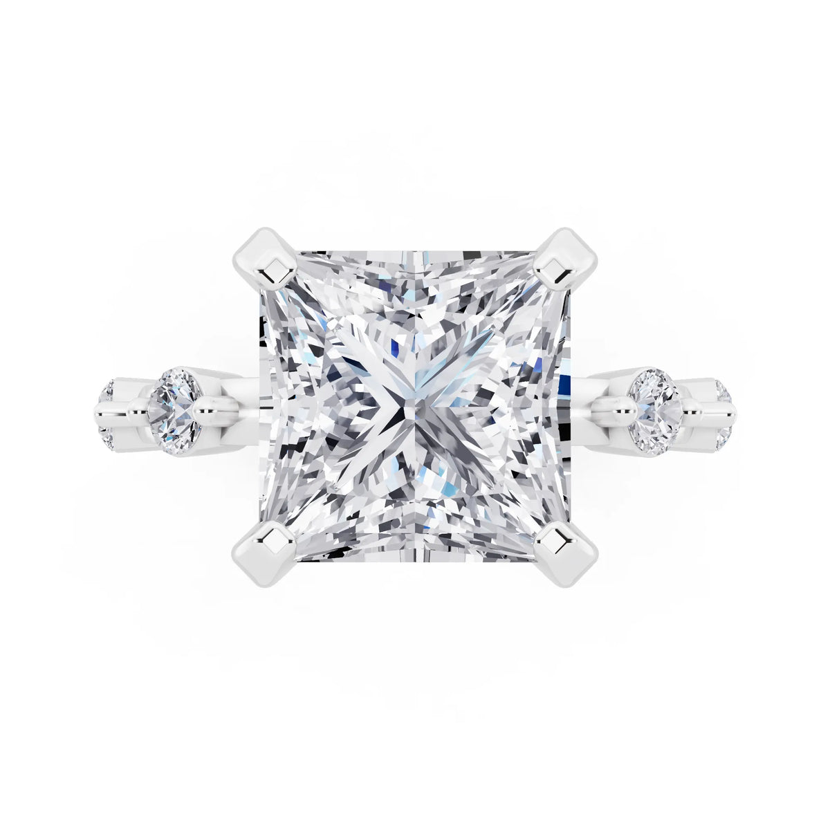 18 KT White Gold Princess Cut Diamond Solitaire Ring with Floating Diamond Accents - top angle