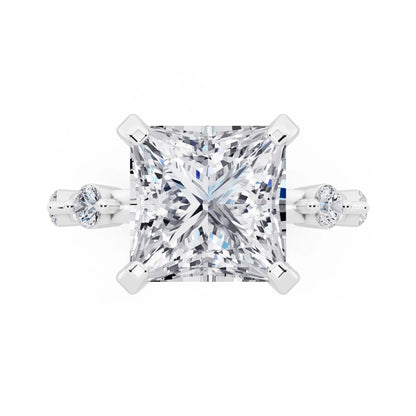 18 KT White Gold Princess Cut Diamond Solitaire Ring with Floating Diamond Accents - top angle