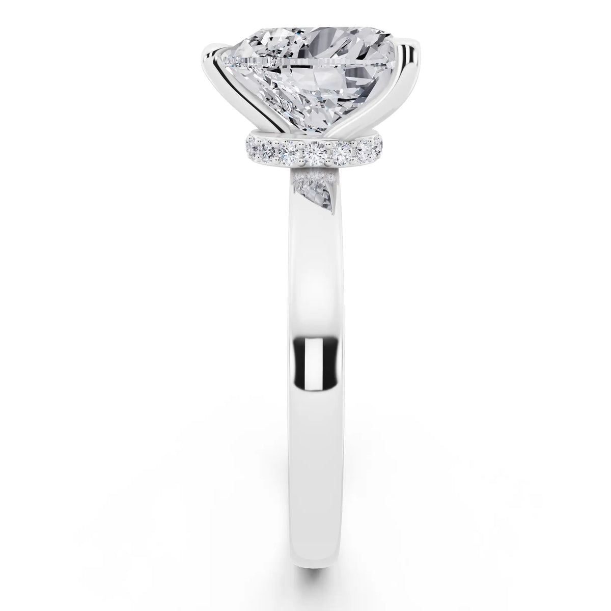 Platinum Heart Cut Diamond Solitaire Ring with Pave Collar - side view